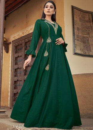 Readymade Bottle Green Embroidered Cotton Gown