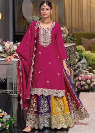 Pink Embroidered Kurti Style Lehenga In Chiffon