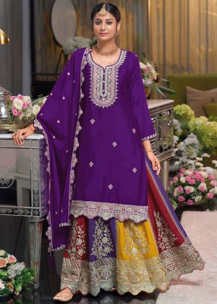 Purple Readymade Embroidered Kurti Style Lehenga