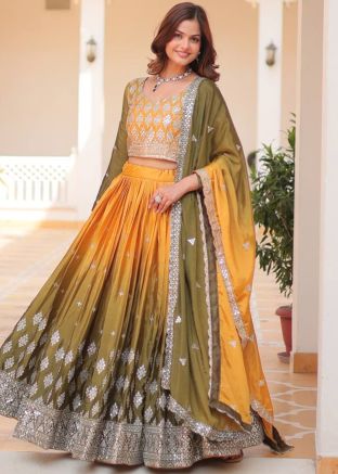 Yellow Shaded Embroidered Lehenga Choli In Chiffon