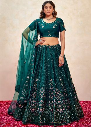 Teal Blue Resham Embroidered Lehenga Choli