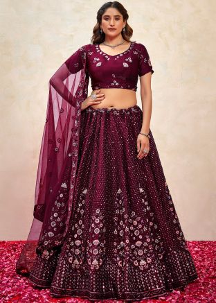 Wine Embroidered Art Silk Lehenga Choli