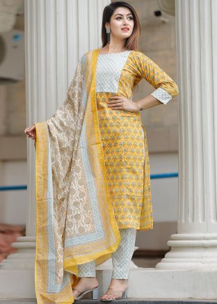 Yellow Floral Block Printed Readymade Pant Salwar Suit