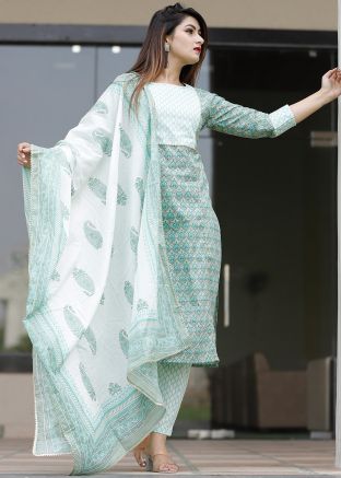Green Floral Block Printed Readymade Pant Salwar Suit