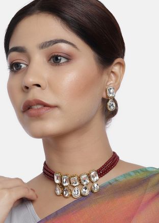 Stone Studded Maroon Multichain Choker Necklace Set