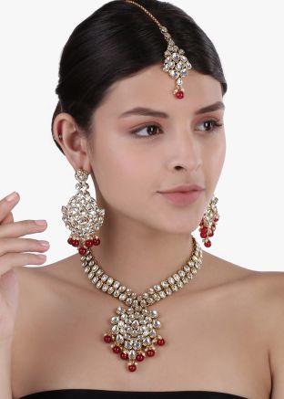 Kundan Studded Maroon and Golden Necklace Set