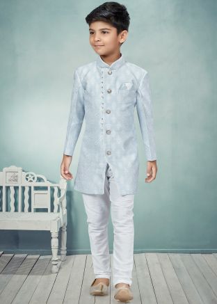 Blue Readymade Kids Sherwani Set In Jacquard