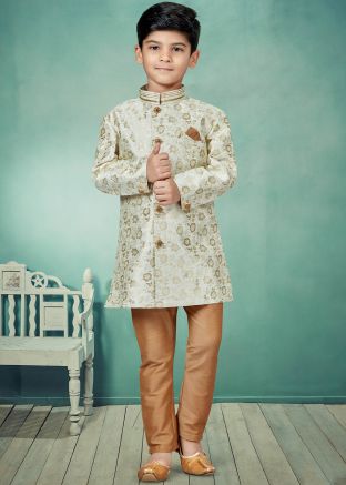 Cream Readyamde Kids Sherwani Set In Jacquard