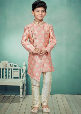 Peach Readymade Asymmetric Kids Sherwani Set
