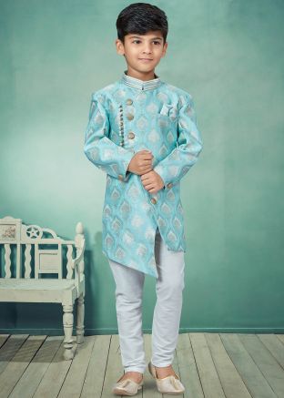 Blue Readymade Woven Kids Sherwani Set