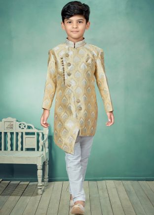 Yellow Readymade Asymmetric Kids Indo Western Set
