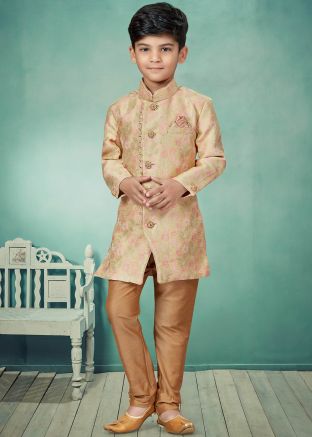 Beige Readymade Woven Kids Sherwani Set
