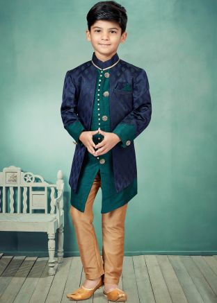 Green & Blue Kids Sherwani Set In Jacket Style