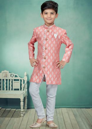 Peach Readymade Woven Kids Indo Western