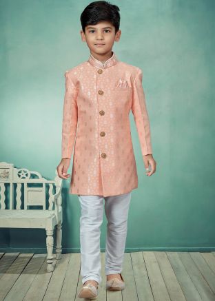 Peach Woven Readymade Kids Indo Western