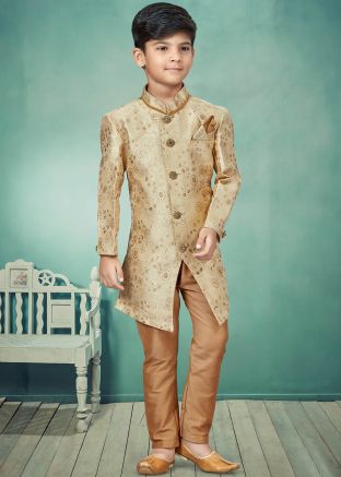 Golden Readymade Woven Kids Sherwani Set