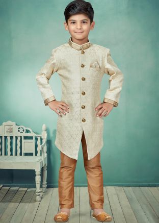 Cream Readymade Woven Kids Sherwani Set