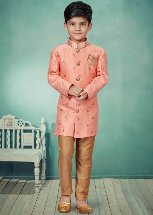 Peach Woven Readymade Kids Sherwani Set