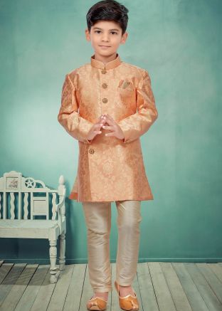 Orange Readymade Woven Kids Sherwani Set