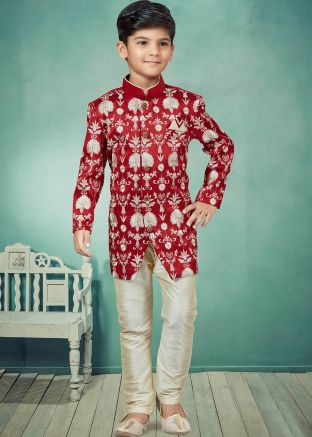 Red Readymade Embroidered Kids Sherwani Set