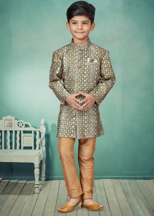 Green Readymade Woven Kids Indo Western