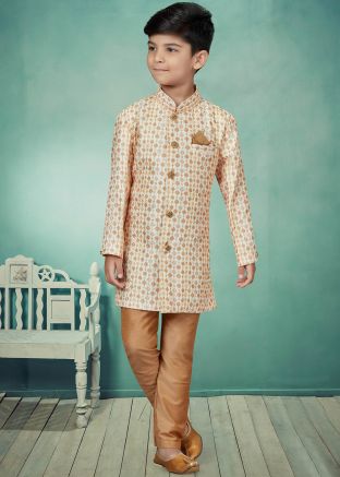 Cream Readymade Woven Kids Sherwani Set