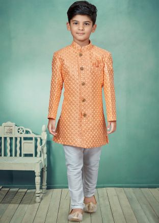 Orange Readymade Embroidered Kids Sherwani Set