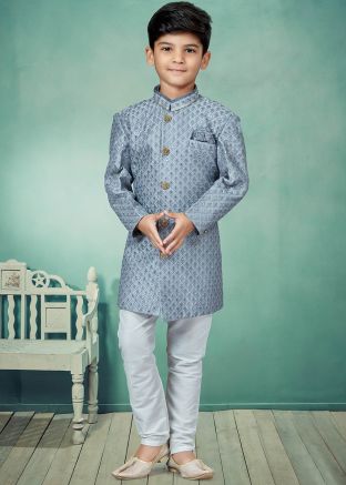 Grey Embroidered Readymade Kids Sherwani Set