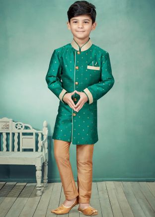 Green Woven Readymade Kids Indo Western