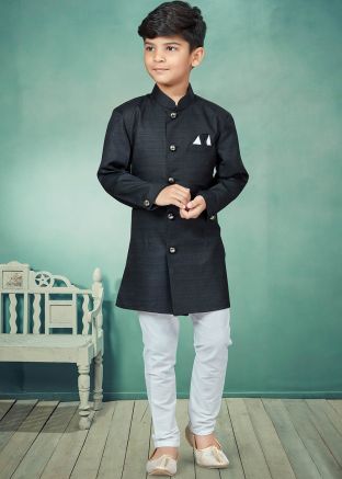 Black Readymade Kids Sherwani Set In Jacquard