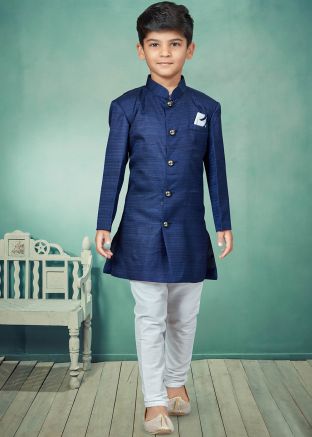 Blue Readymade Kids Indo Western In Jacquard