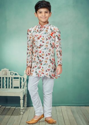 White Readymade Floral Printed Kids Sherwani Set