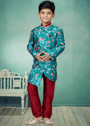 Blue Asymmetric Floral Printed Boy Sherwani Set