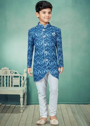 Blue Readymade Printed Kids Sherwani Set