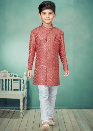 Red Embroidered Readymade Kids Sherwani Set