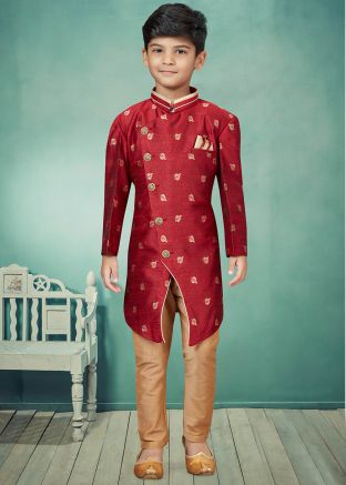 Red Readymade Kids Sherwani Set In Jacquard