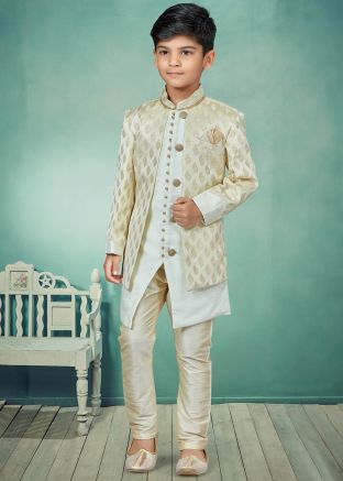 Cream Readymade Jacket Style Kids Indo Western