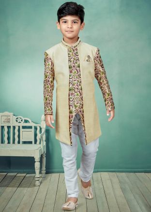 Beige Readymade Jacket Style Kids Sherwani Set