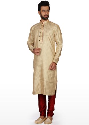 Beige Woven Readymade Kurta With Churidar