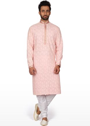 Chikankari Embroidered Pink Kurta Churidar Set
