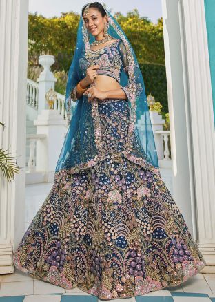 Blue Embroidered Lehenga Choli In Net