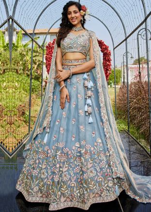Powder Blue Embroidered Tissue Lehenga Choli