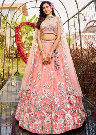 Orange Sequins Embroidered Lehenga Choli