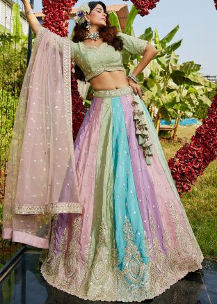 Multicolored Satin Embroidered Lehenga Choli & Dupatta