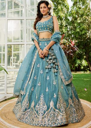 Blue Embroidered Organza Lehenga Choli Set