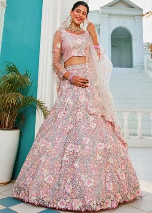 Pink Embroidered Bridesmaid Net Lehenga Choli