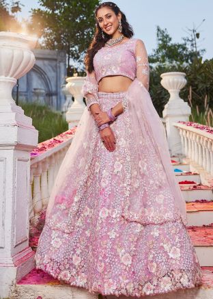 Pink Thread Embroidered Lehenga Choli In Net