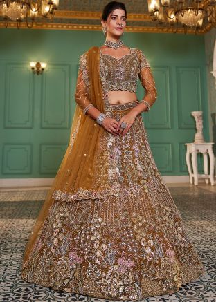 Mustard Yellow Net Lehenga In Thread Embroidery