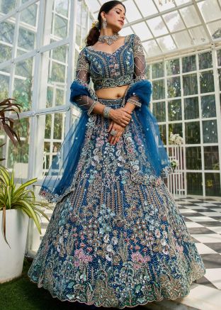 Thread Embroidered Net Lehenga Choli In Blue