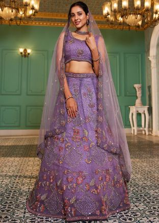 Lavender Net Embroidered Lehenga Choli Set